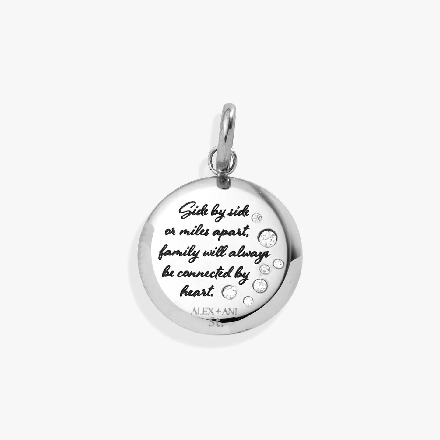 Sister Dragonfly Disc Charm pendant by ALEX AND ANI, silver disc with script and crystal accents on Tampa Home & Garden Store