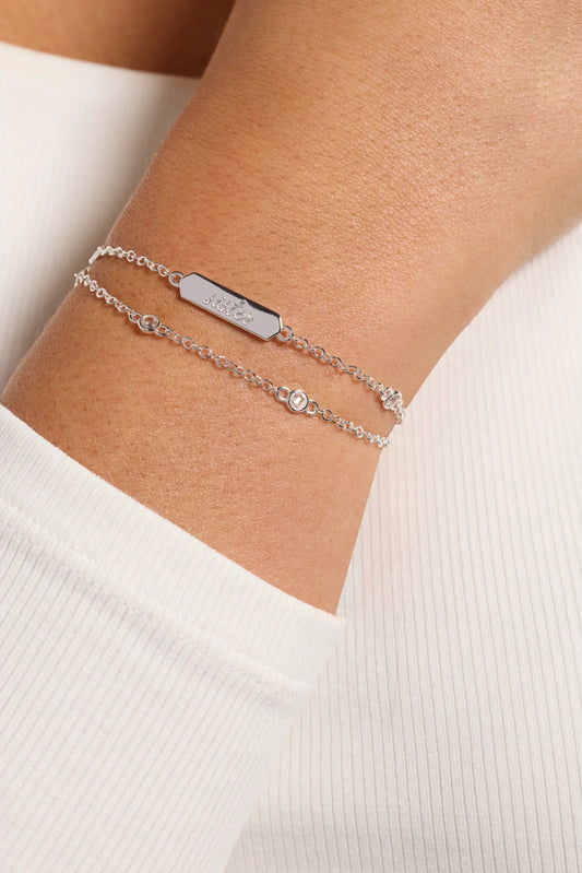 Sister Infinity Chain double-strand bracelet in silver with engraved plate and crystal chain on Tampa Home & Garden Store