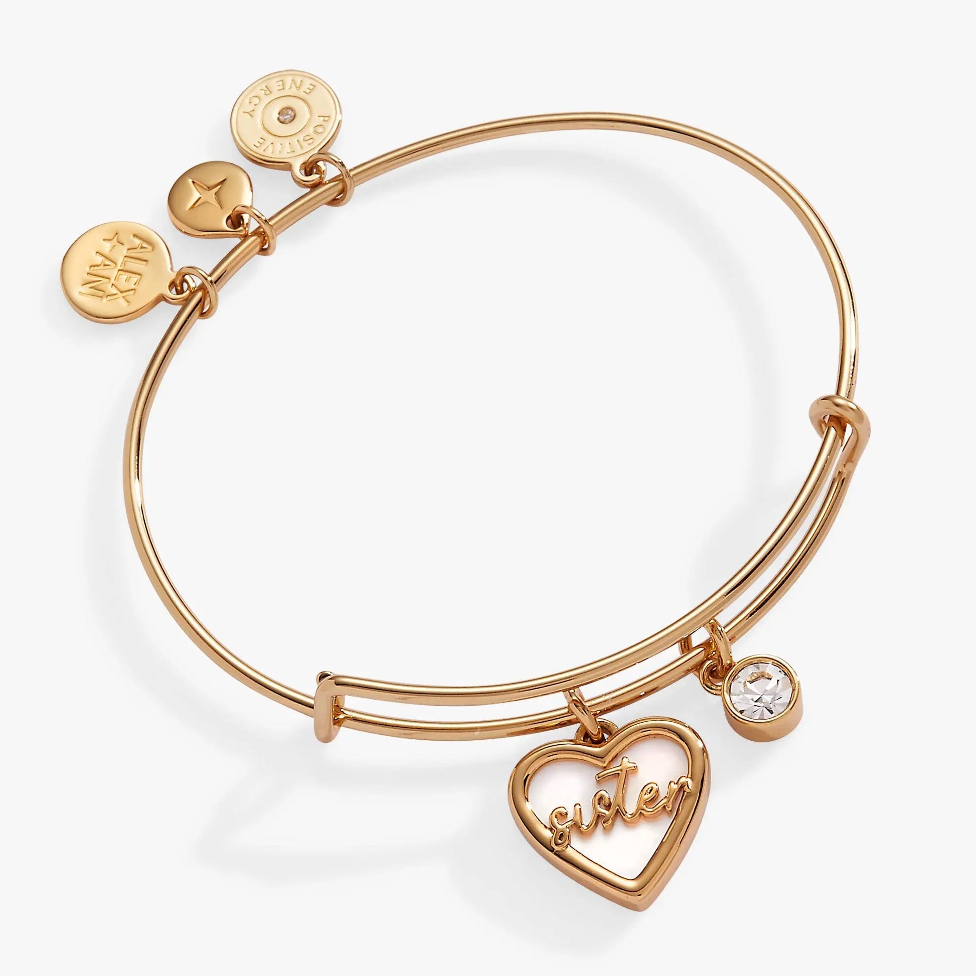 Bracelet Alex and Ani Sister Mother of Pearl Bangle gold-tone with discs and crystal charm on Tampa Home & Garden Store