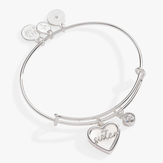 Sister Mother of Pearl Bangle by Alex and Ani silver bracelet with pearl disk charm on Tampa Home & Garden Store