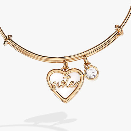 Sister Mother of Pearl Bangle bracelet by Alex and Ani with heart and crystal charms in rose gold on Tampa Home & Garden Store