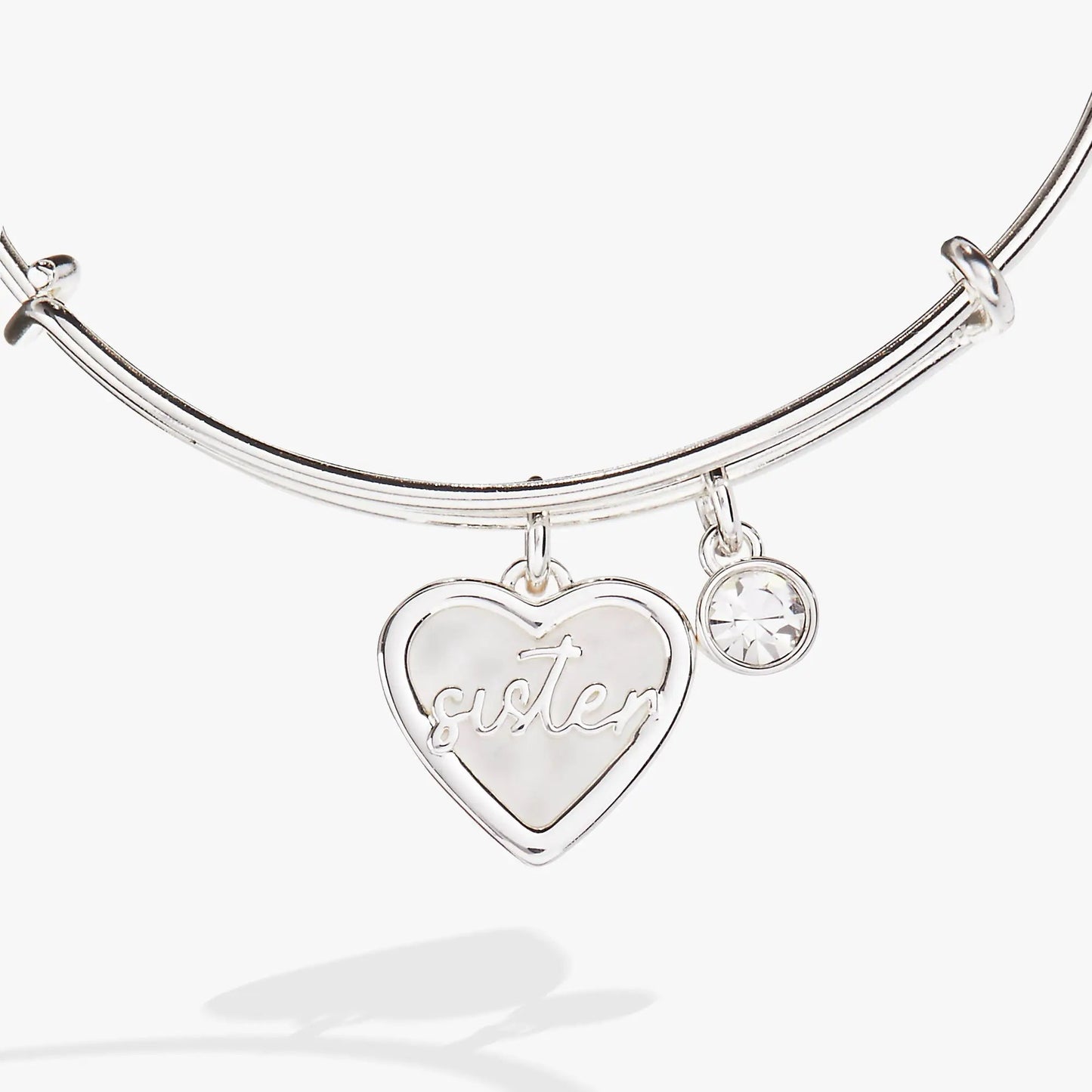 Sister Mother of Pearl Bangle by ALEX AND ANI, silver bracelet with mother-of-pearl heart on Tampa Home & Garden Store