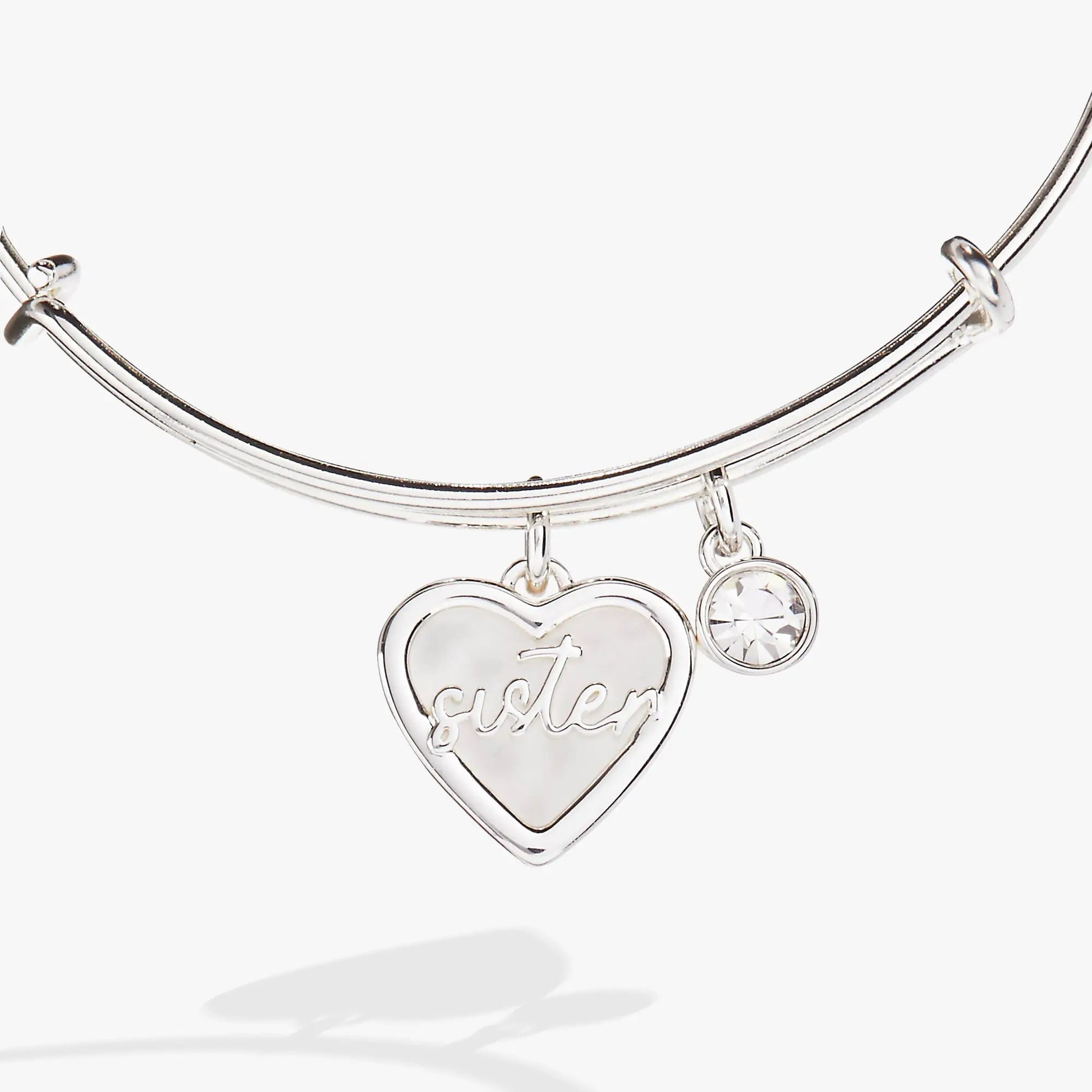 Sister Mother of Pearl Bangle by ALEX AND ANI, silver bracelet with mother-of-pearl heart on Tampa Home & Garden Store