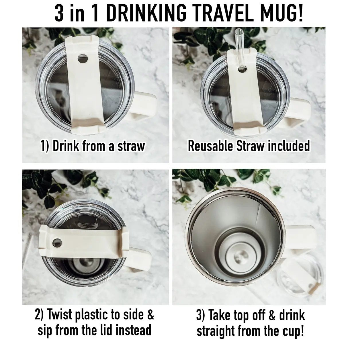 Be Happy 40oz Insulated Mug with Handle and Straw