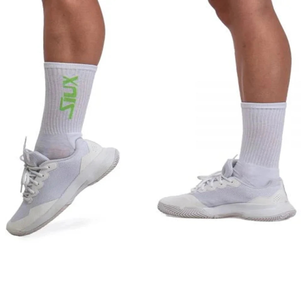 2x Largos Reveal Socks by Siux USA, white ribbed crew socks with neon green Siux logo on Tampa Home & Garden Store