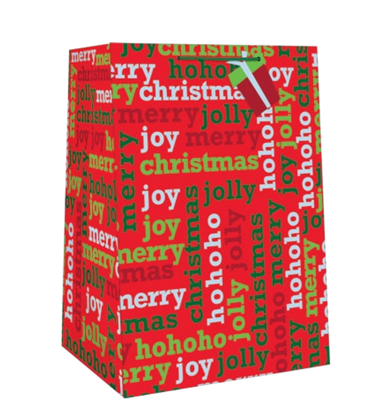 Extra Wide Mega Gift Bag red with green/white holiday text pattern and gift tag by The Country Christmas Loft on Tampa Home & Garden Store