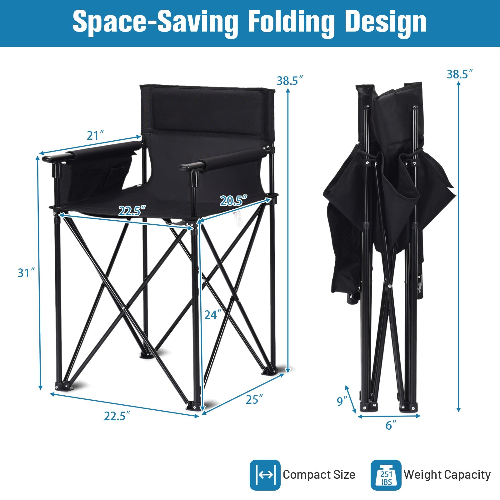 GemGear portable 38 inch oversized camping folding chair in black with padded armrests on Tampa Home & Garden Store