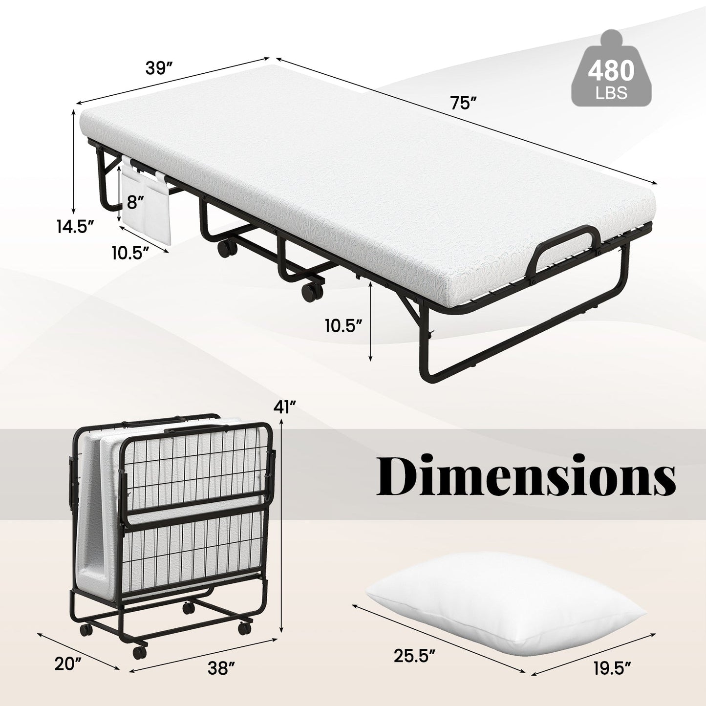 Cama Plegable con Ruedas Tamaño Twin para Huéspedes con Almohada y Funda