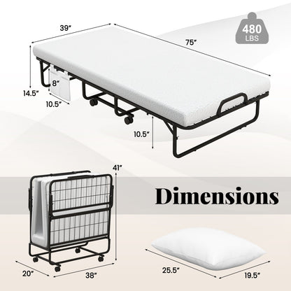 Cama Plegable con Ruedas Tamaño Twin para Huéspedes con Almohada y Funda