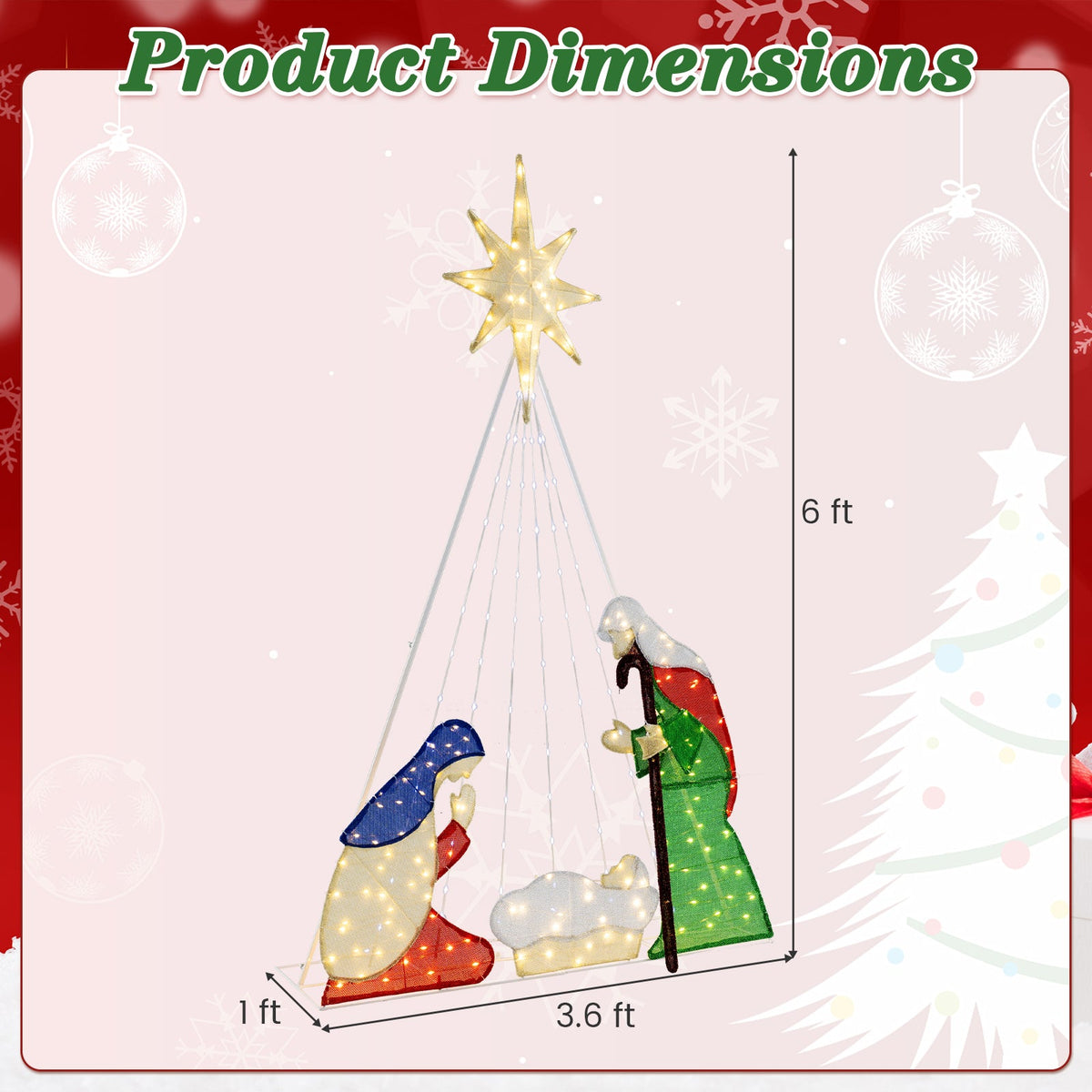 6 ft lighted nativity scene with 240 LED lights, gold star topper, colorful robe figures by DirectDeals on Tampa Home & Garden Store