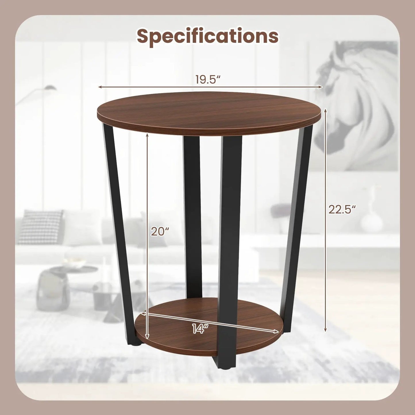 Round End Table Open Shelf Metal Frame Walnut