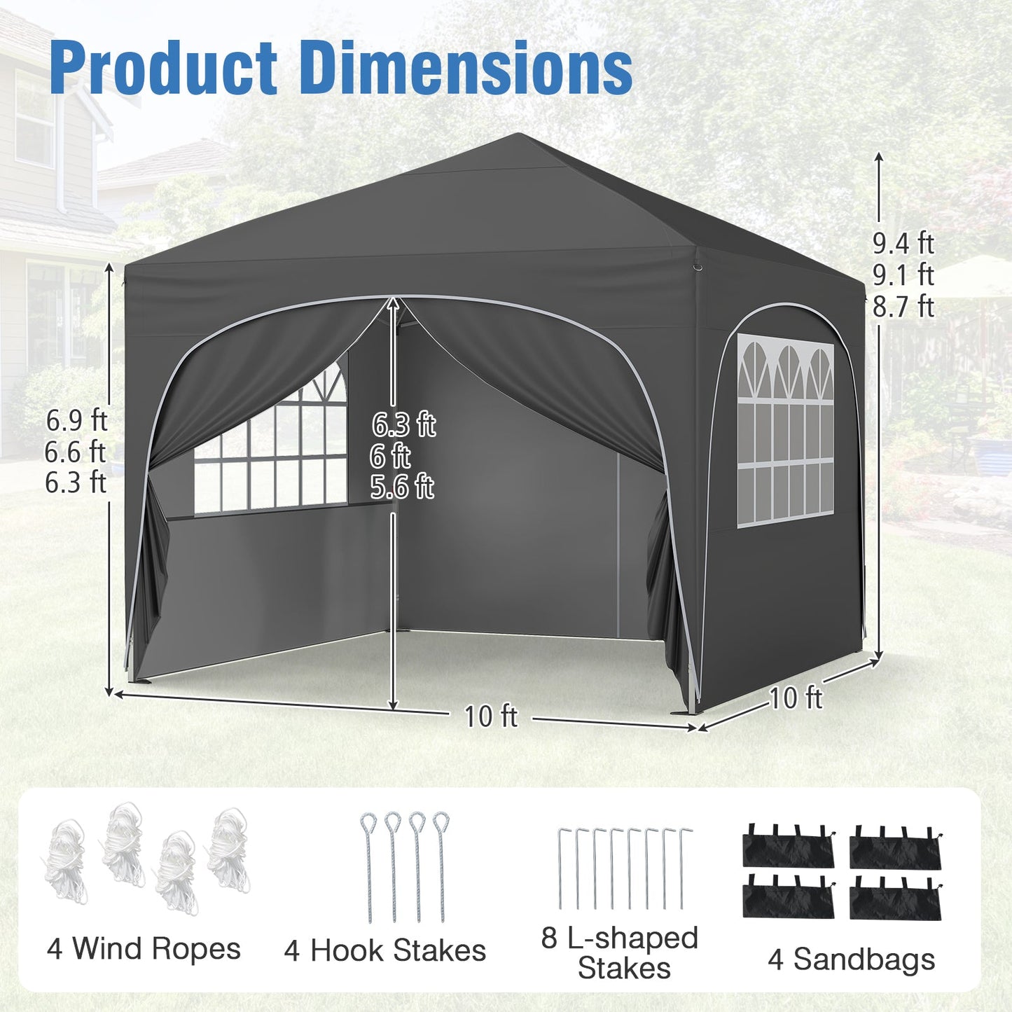 10 X 10 FT Pop up Canopy Tent with 4 Removable Sidewall-Gray
