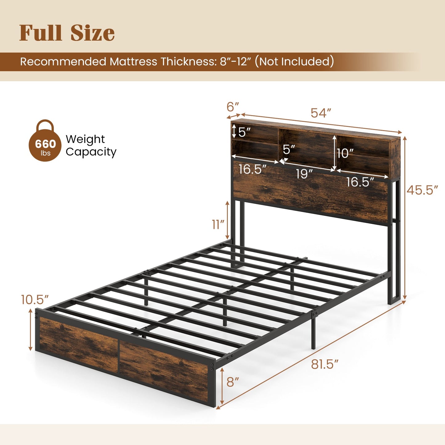 Base de cama con cabecero de almacenamiento tamaño Twin/Full/Queen/King, de metal industrial, tipo plataforma - Tamaño Full