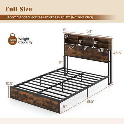 Base de cama con cabecero de almacenamiento tamaño Twin/Full/Queen/King, de metal industrial, tipo plataforma - Tamaño Full