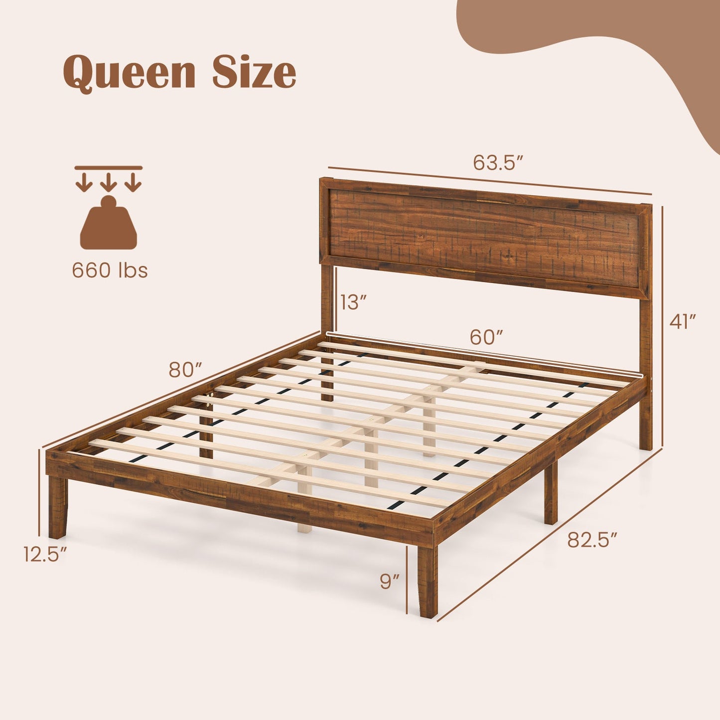 Estructura de cama Twin/Full/Queen con cabecero y soporte de láminas de madera - Tamaño Queen