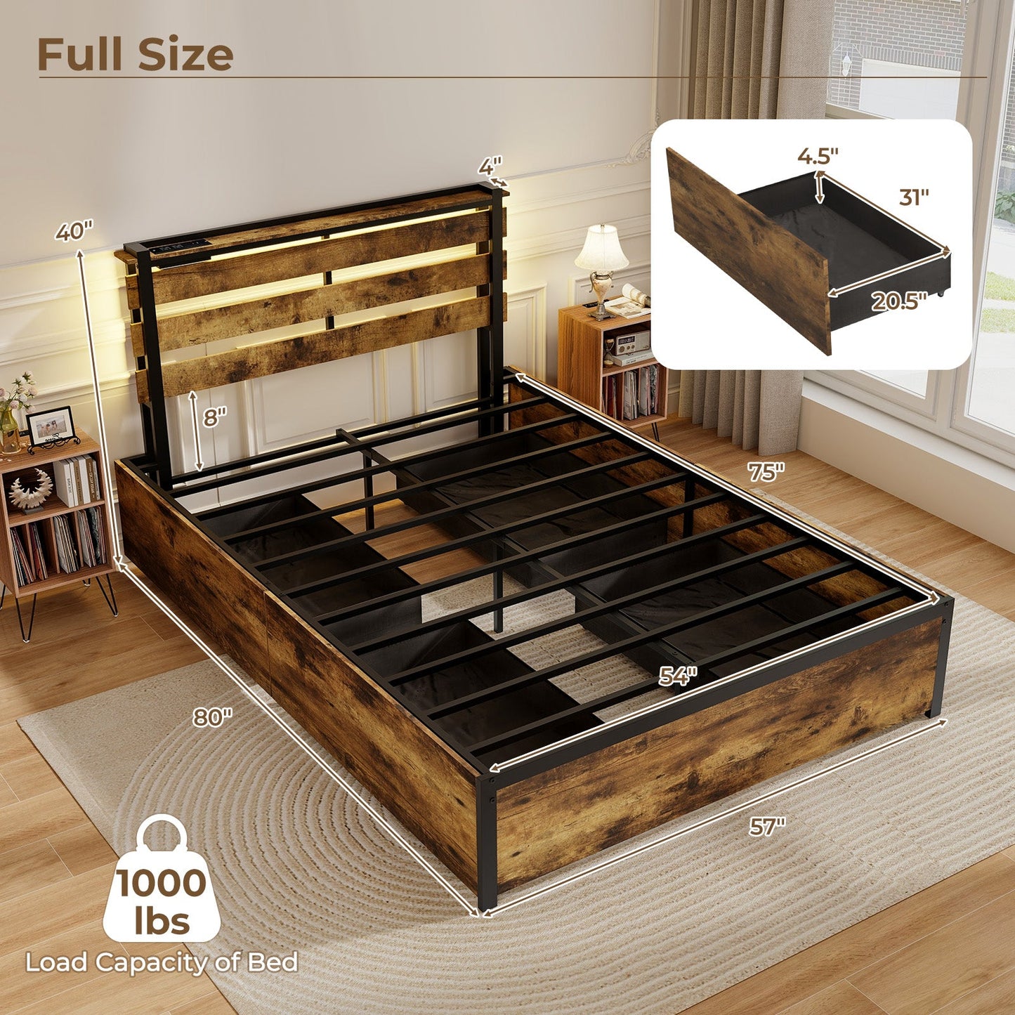 Base de Cama Tamaño Completo/Queen/Individual con Cajones, Luces LED y Puertos USB - Tamaño Completo