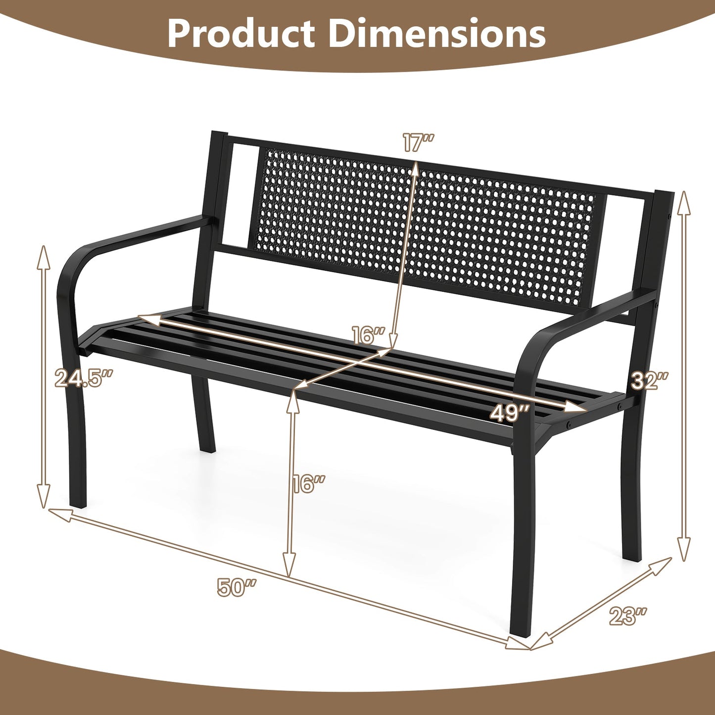 50 Inches Garden Bench with Patterned Backrest and Curved Armrests-Black