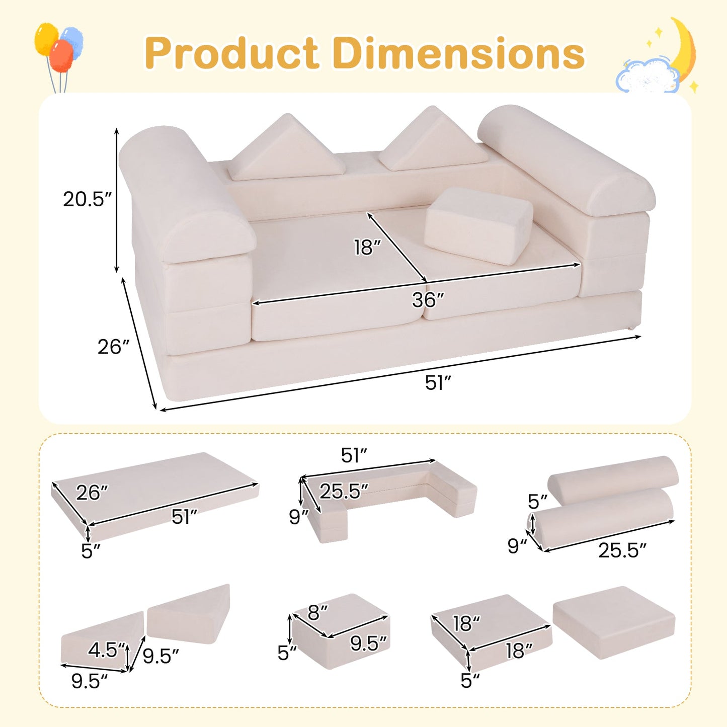 9-Piece Climb and Crawl Foam and Floor Playset with Breathable Suede Fabric-Beige