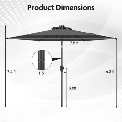 7.5 Feet Solar Powered Patio Umbrella with LED Lights and Crank Handle-Gray