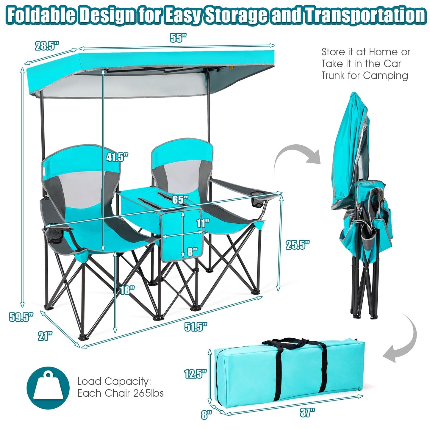 GemGear portable folding camping canopy chairs with cup holder, teal blue seats, 2-chair set on Tampa Home & Garden Store