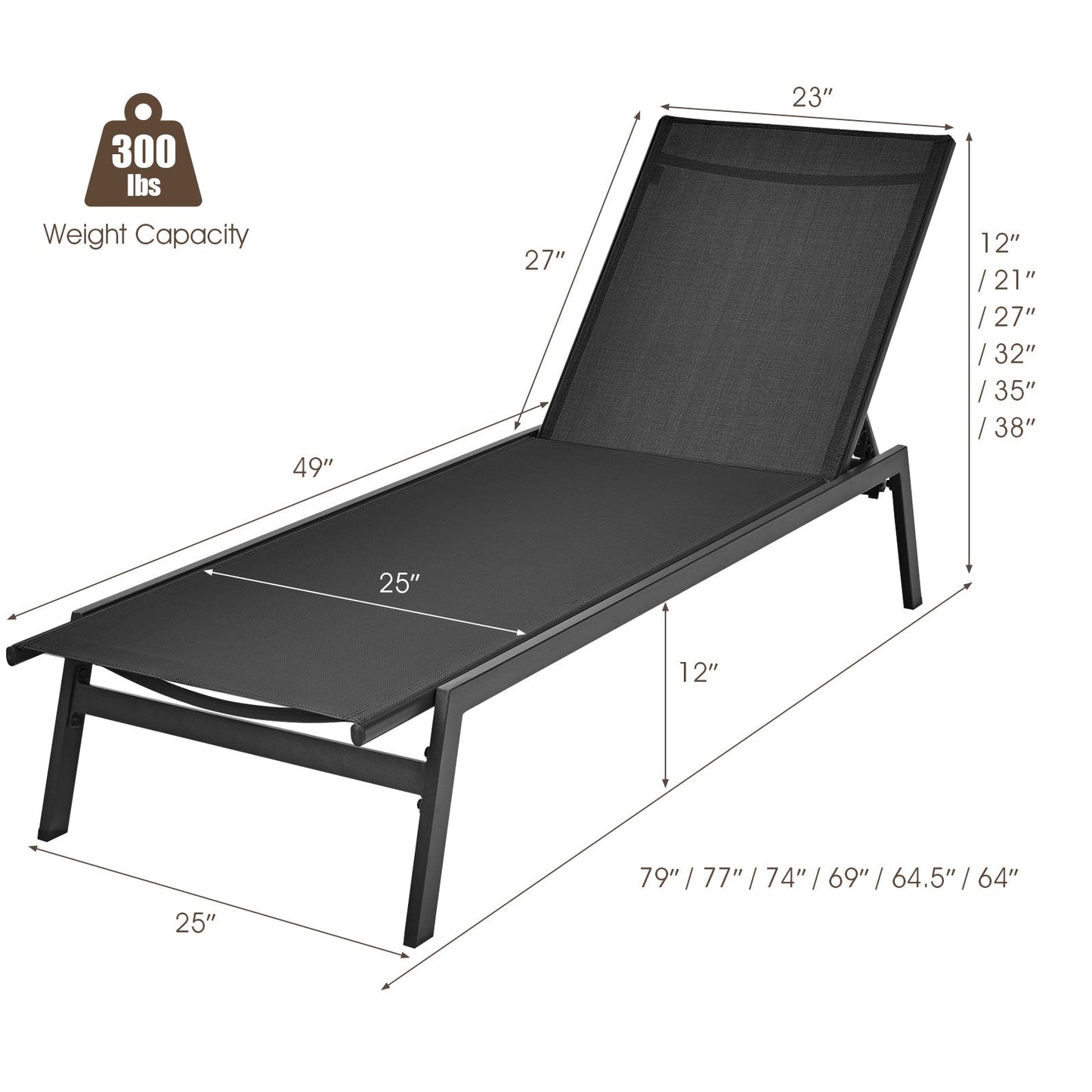 Tumbona reclinable de exterior con respaldo ajustable en 6 posiciones - Negra