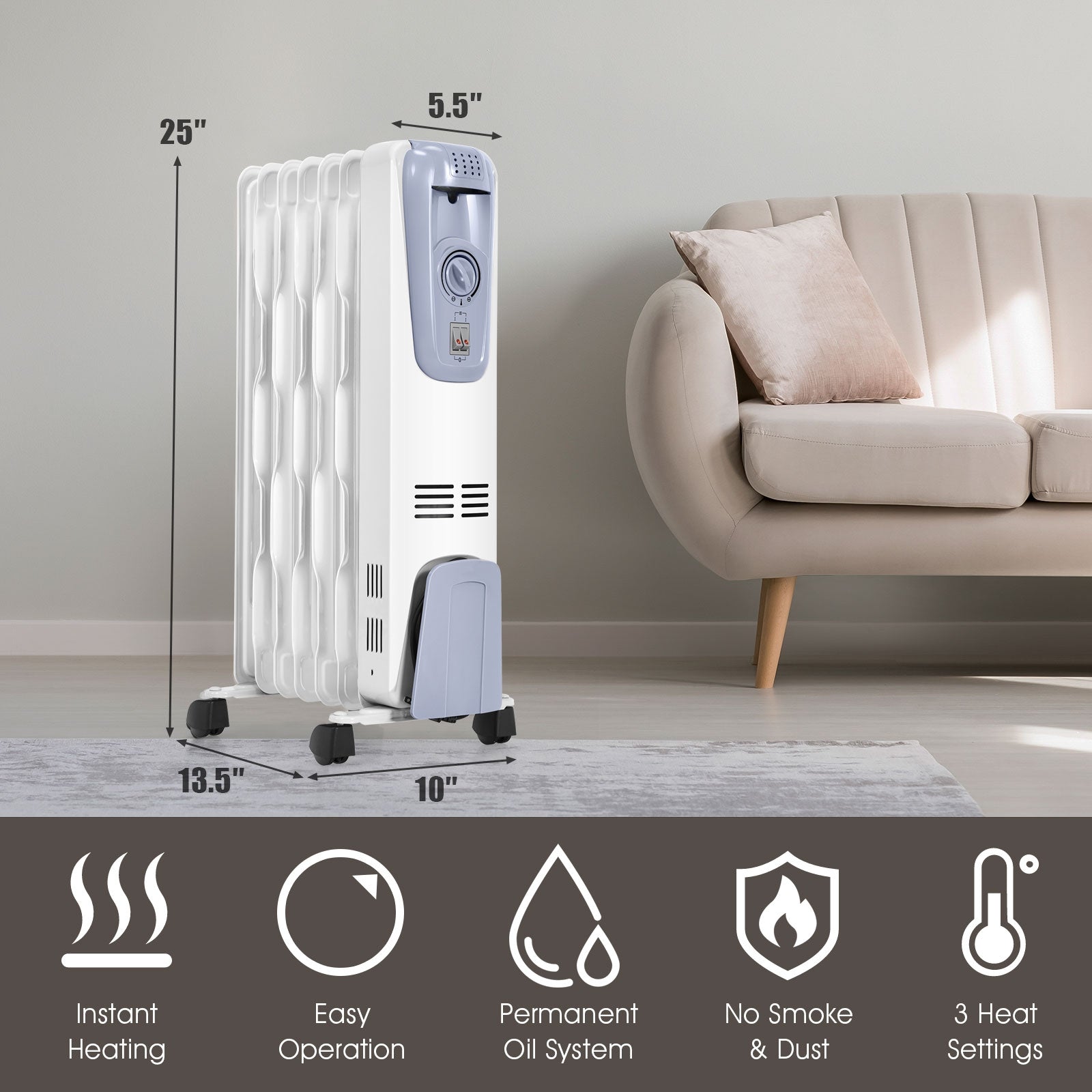 DirectDeals 1500W oil-filled radiator with thermostat on caster wheels white portable heater on Tampa Home & Garden Store