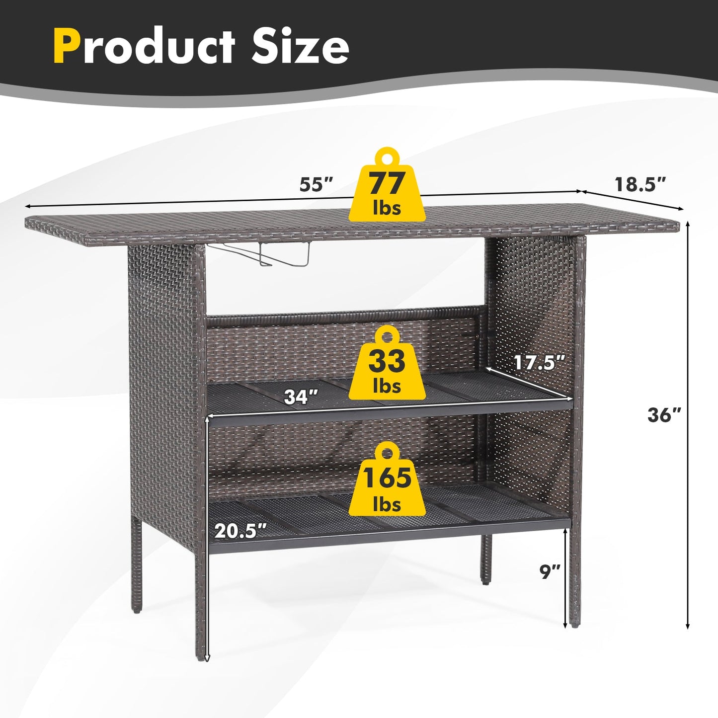 Mesa de bar de mimbre para exterior con 2 estantes de malla metálica