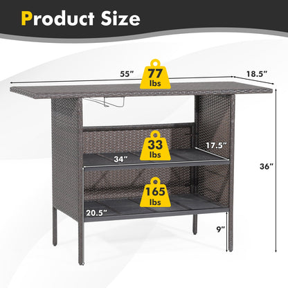 Mesa de bar de mimbre para exterior con 2 estantes de malla metálica