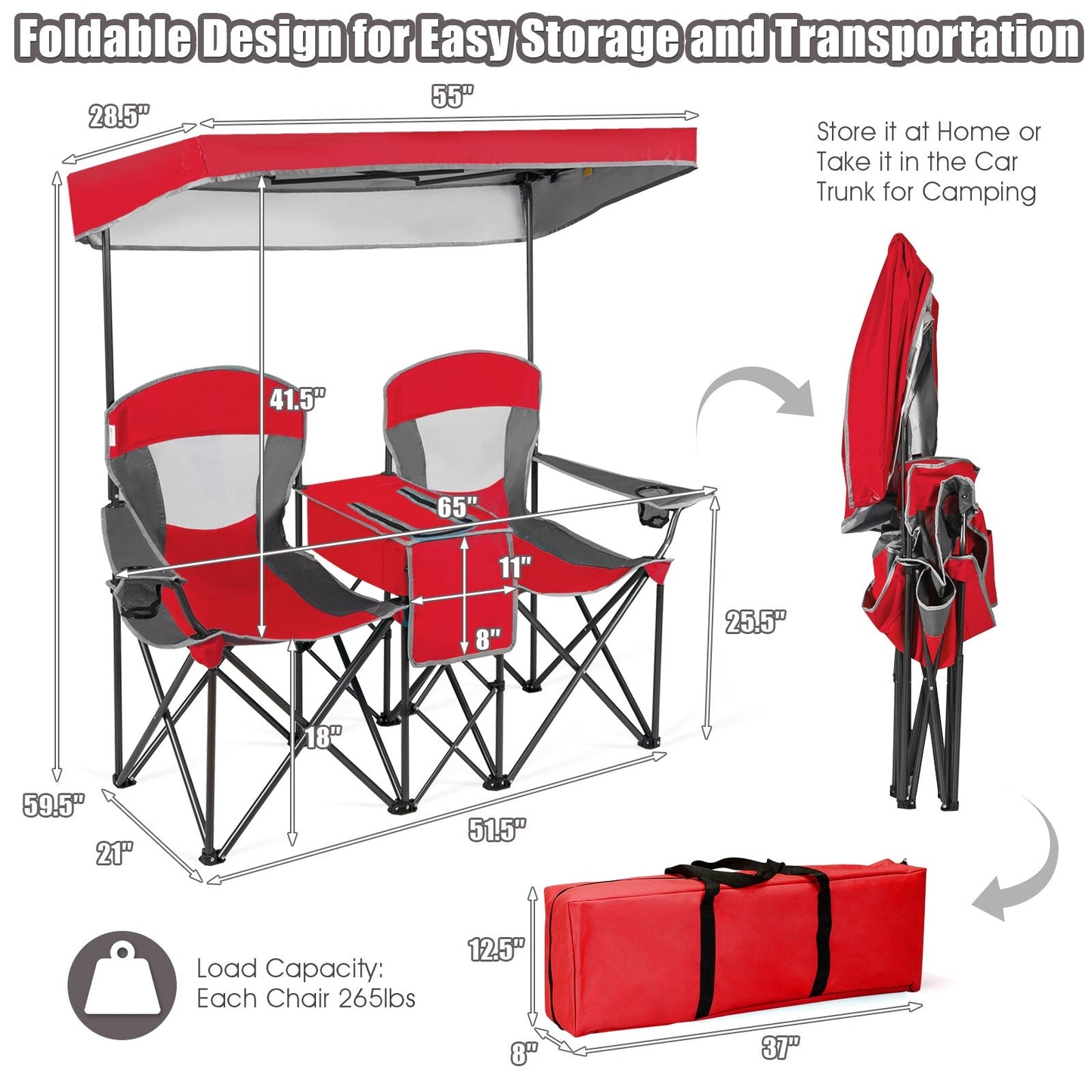 GemGear portable folding camping chairs with cup holders, two red/gray seats and canopy on Tampa Home & Garden Store