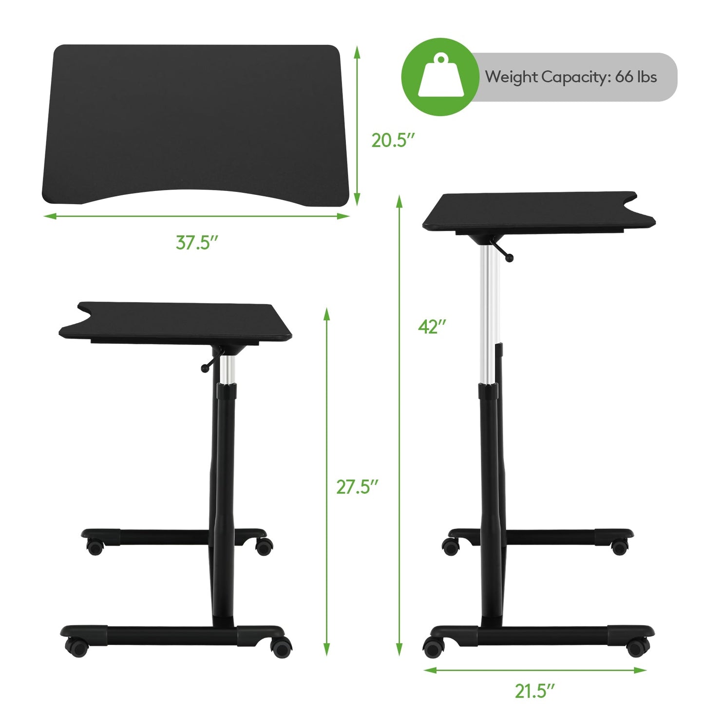 Escritorio de computadora ajustable en altura, mesa para portátil con ruedas para sentarse o pararse - Negro