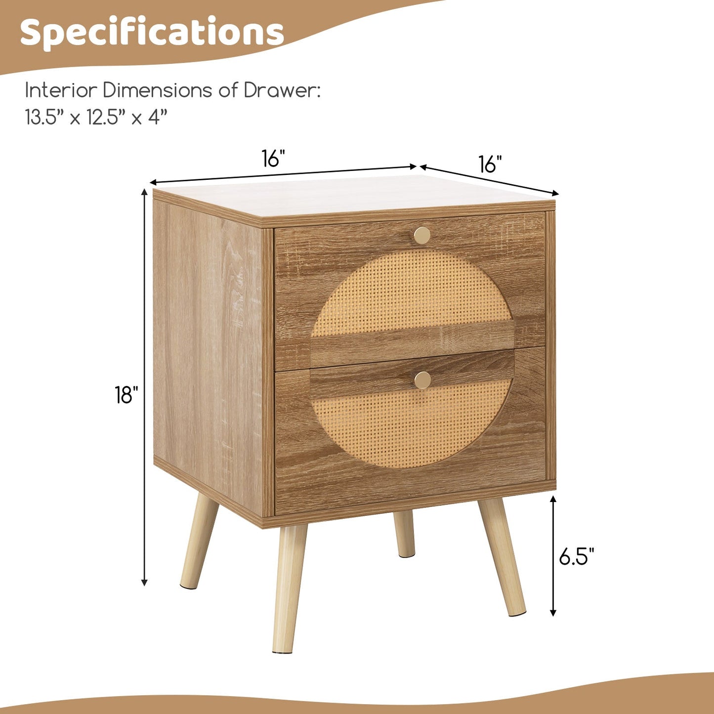 Set of 2 Rattan Nightstand with 2 Drawers and Solid Wood Legs-Natual
