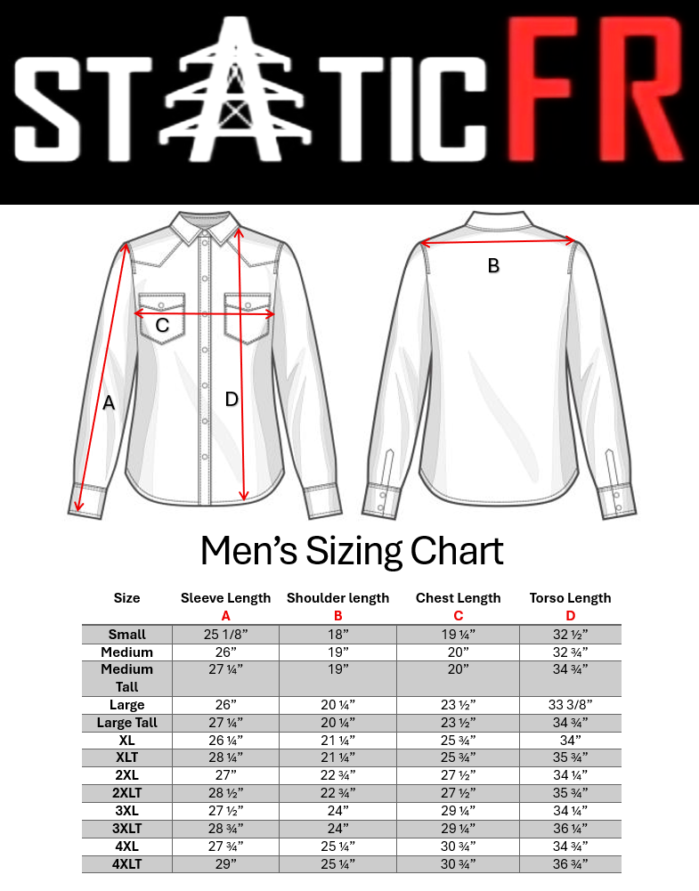 FR Pearl Snap Work Shirt Reaper Black with U.S. Flag Static FR logo, men's sizing chart on Tampa Home & Garden Store