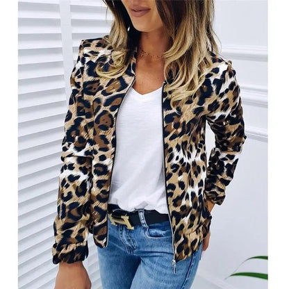 Leopard print women's zip-up jacket by Stevvex with long sleeves over white tee on Tampa Home & Garden Store