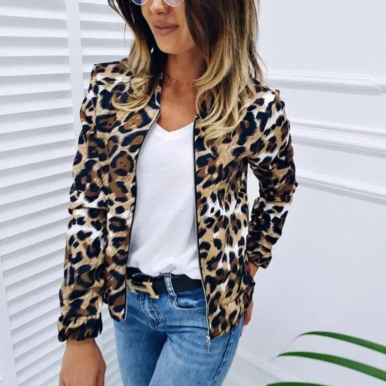 Leopard print women's zip-up jacket by Stevvex, long sleeves casual outerwear on Tampa Home & Garden Store