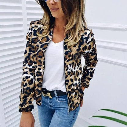 Leopard print women's zip-up jacket by Stevvex, long sleeves casual outerwear on Tampa Home & Garden Store