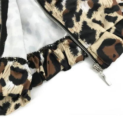 Stevvex leopard print long sleeve zip jacket with ruffled hem beige and black tones on Tampa Home & Garden Store