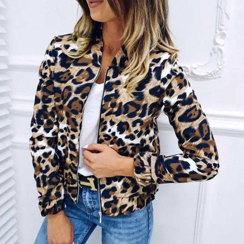 Stevvex leopard print bomber jacket with zip front, long sleeves, casual outerwear on Tampa Home & Garden Store