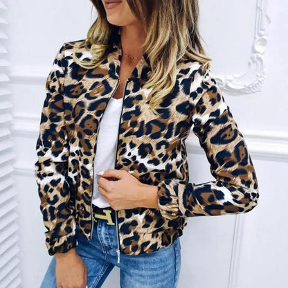 Stevvex leopard print bomber jacket with zip front, long sleeves, casual outerwear on Tampa Home & Garden Store