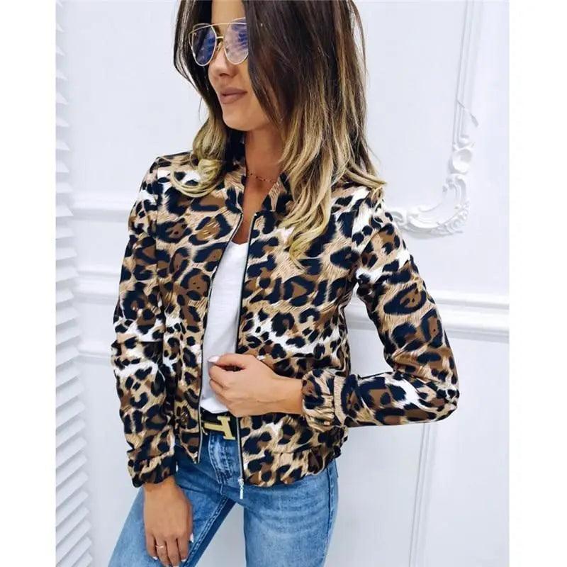 Leopard print zip bomber jacket for women by Stevvex, long sleeves, casual outerwear on Tampa Home & Garden Store