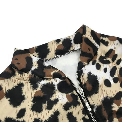 Stevvex leopard print zip jacket for women; long sleeve outerwear in beige black brown on Tampa Home & Garden Store