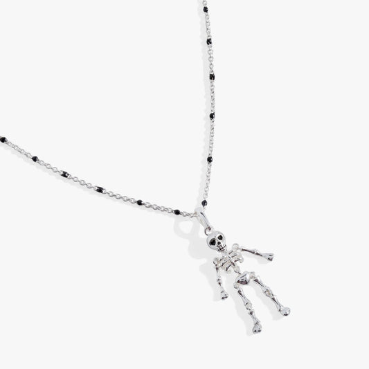Skeleton necklace by ALEX AND ANI with a silver chain, black bead accents, and skeleton pendant on Tampa Home & Garden Store
