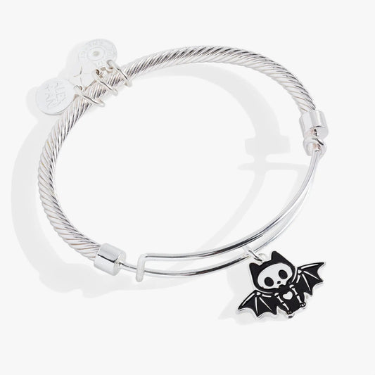 Bat Skeleton Bangle Bracelet by ALEX AND ANI, silver-tone twisted cable with black enamel bat charm on Tampa Home & Garden Store