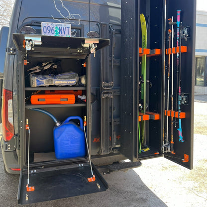 Avatar Mega Storage Box mounted in a van cabinet with orange latches and gear nearby on Tampa Home & Garden Store