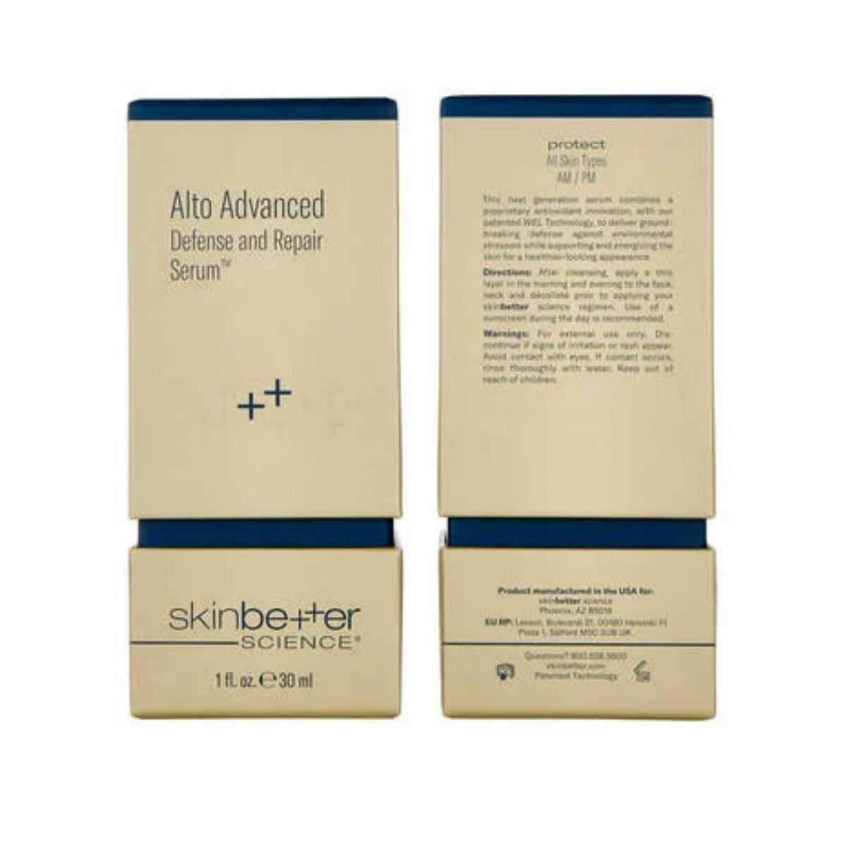 Skinbetter Alto Advanced Defense and Repair Serum packaging: two beige boxes with blue trim on Tampa Home & Garden Store