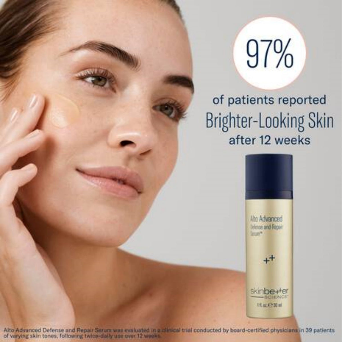 Skinbetter Alto Advanced Defense Serum bottle with navy cap beside woman applying serum to cheek on Tampa Home & Garden Store
