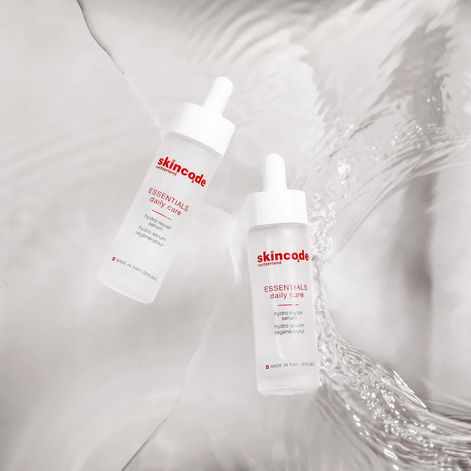 Skincode Hydro Repair Serum bottles, white pumps, red Skincode logo, 30 mL, two bottles on Tampa Home & Garden Store