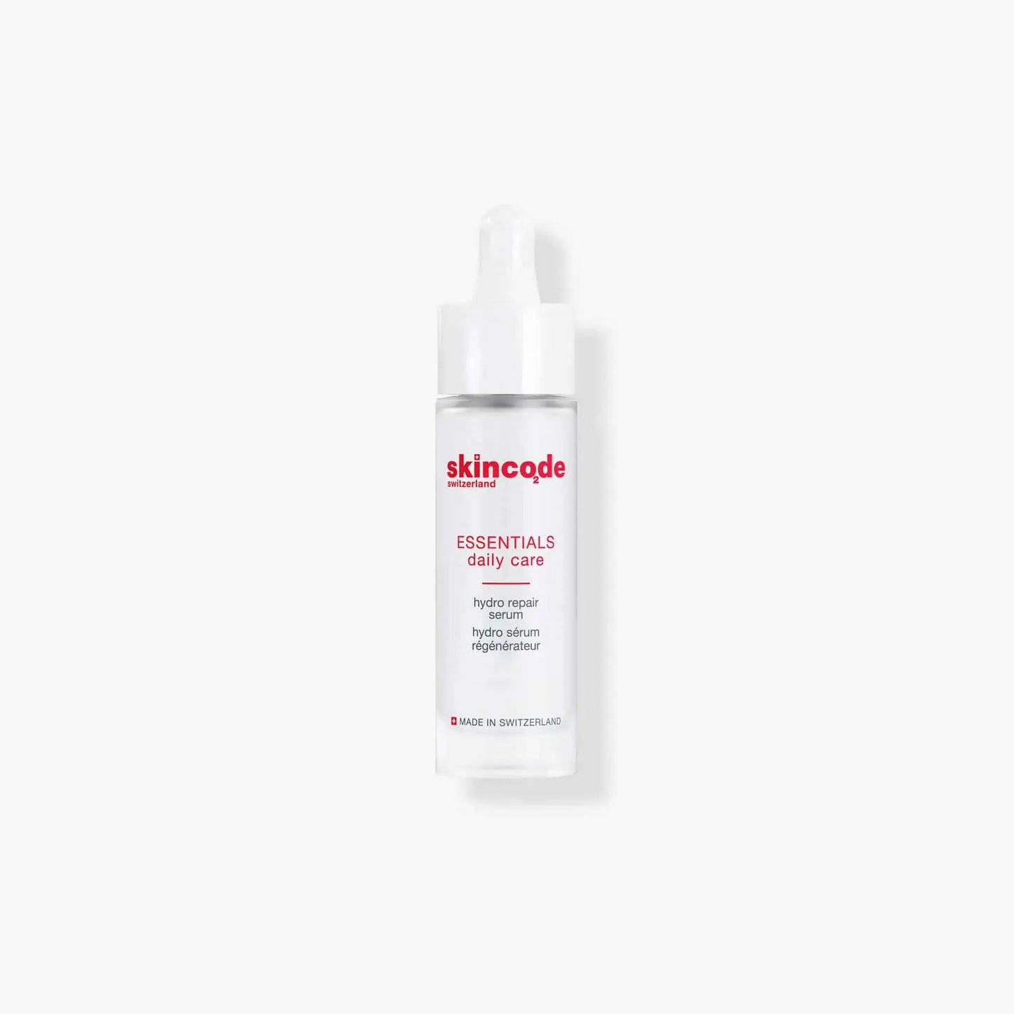 Skincode Hydro Repair Serum bottle with white pump and red logo, Switzerland branding on Tampa Home & Garden Store