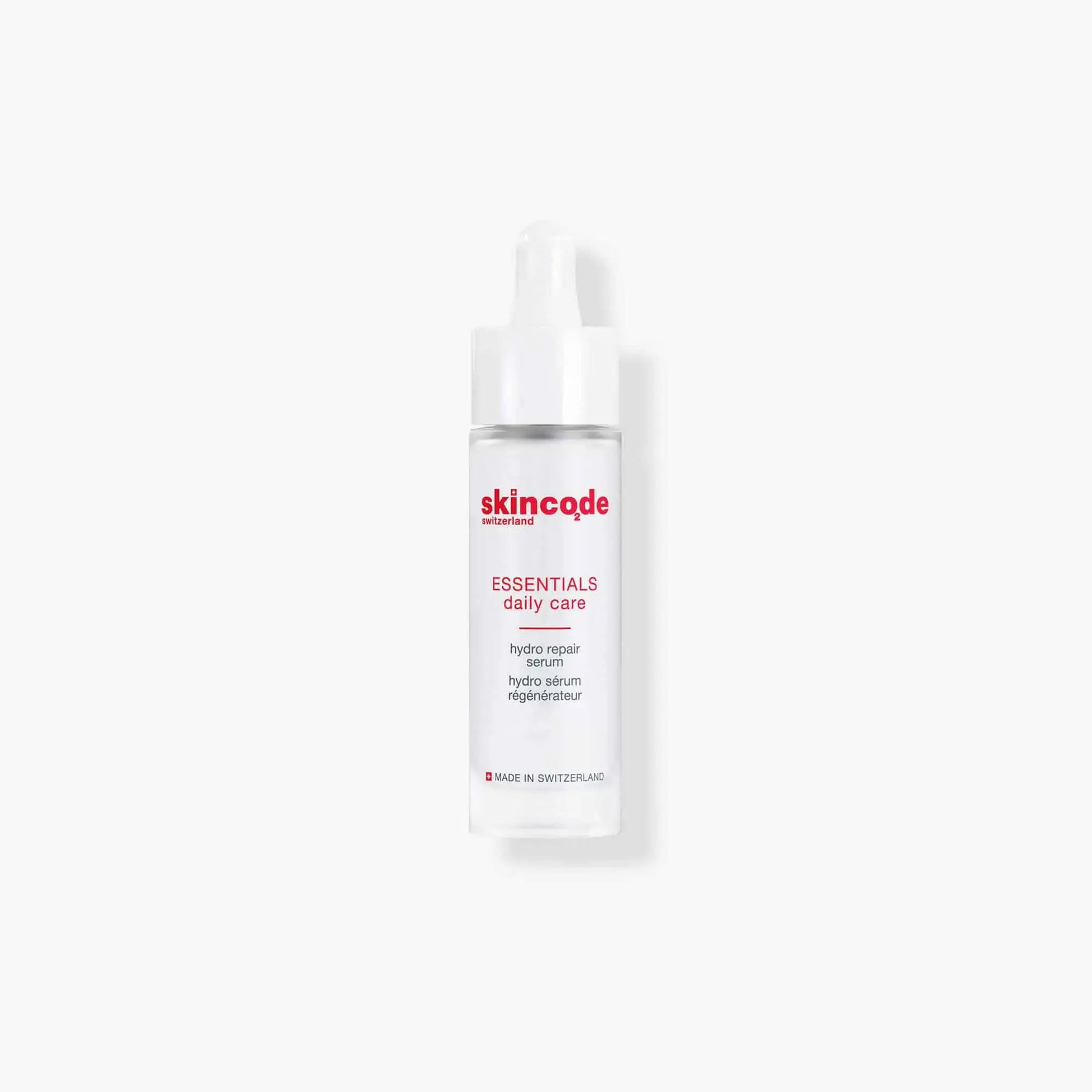 Skincode Hydro Repair Serum bottle with white pump and red logo, Switzerland branding on Tampa Home & Garden Store