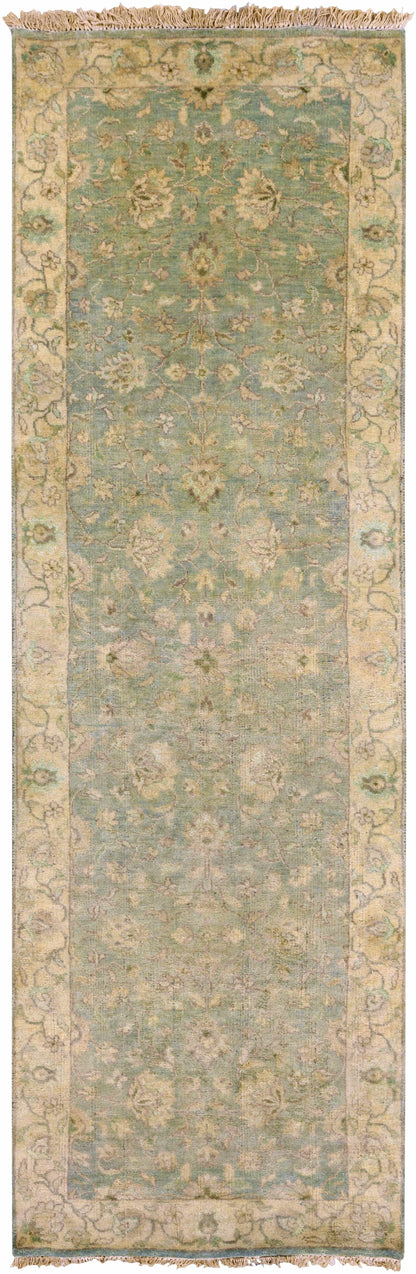Skipwith Area Carpet Runner by Boutique Rugs in blue-green with beige border on Tampa Home & Garden Store