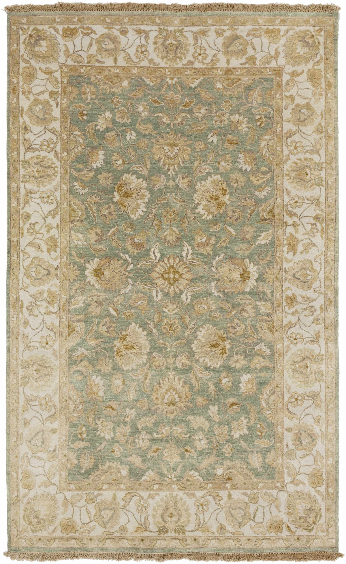Skipwith Area Carpet rug by Boutique Rugs, teal center with ivory floral border and fringe on Tampa Home & Garden Store